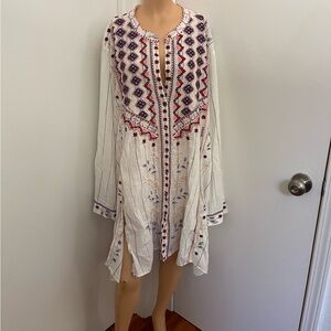 JOHNNY WAS Embroidered floral tunic button down cover up cotton dress plus 3X